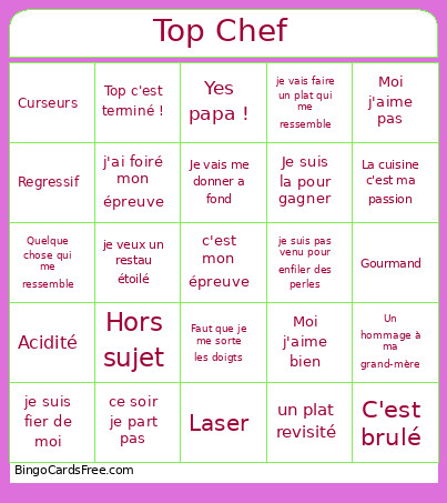 Top Chef Bingo Card