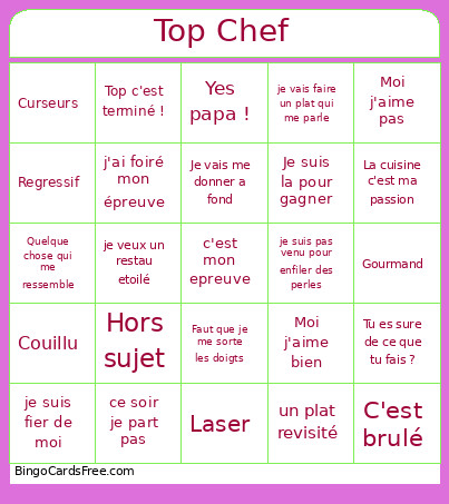 Top Chef Bingo Card