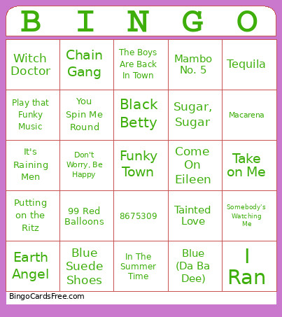Top Hits Music Bingo Card