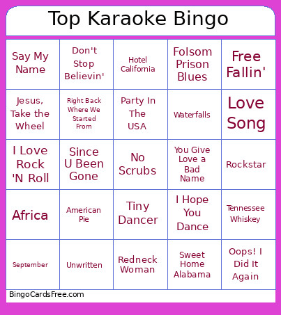 Top Karaoke Bingo Card
