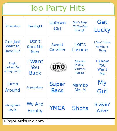 Top Party Hits Bingo Card