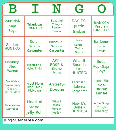 Top Pop 2025 Bingo Card
