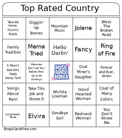 Top Rated Country Bingo Card
