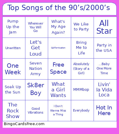 Top Songs Of The 90’s/2000’s Bingo Card