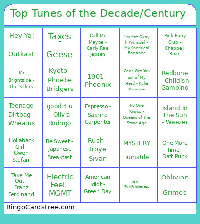 Top Tunes Of The Decade/Century Bingo Card