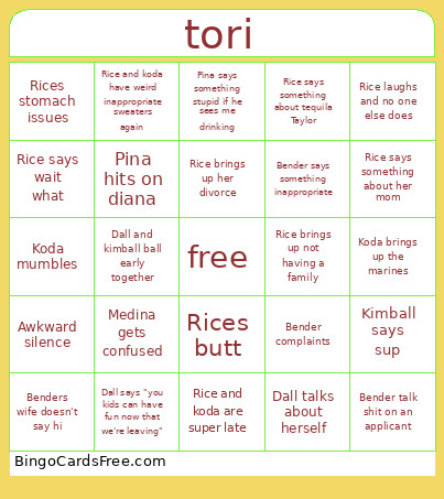 Tori’s Template Bingo Card