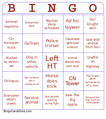 Toronto Trip 2026 Bingo Card