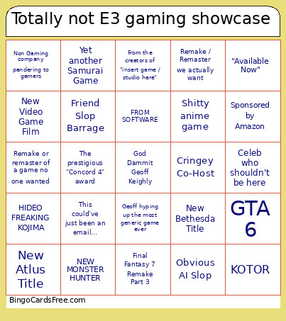 Totally Not E3 Gaming Showcase Bingo Card