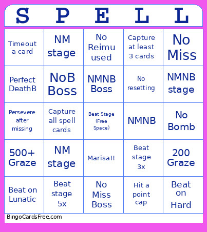 Touhou Stage Grinding Bingo Card