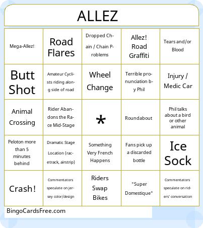 Tour de France 3 Bingo Cards Free Pdf Printable Game, Title: ALLEZ 