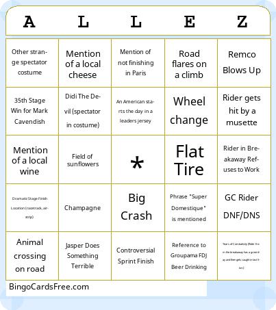 Tour de France Bingo Cards Free Pdf Printable Game, Title: ALLEZ