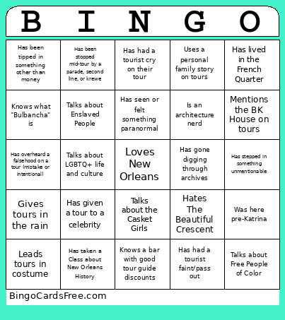 Tour Guide Bingo Card