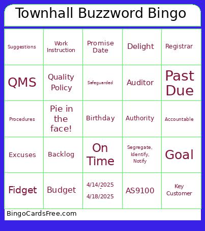 Townhall Buzzword Bingo Card
