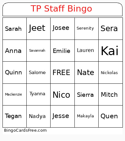 TP Staff Bingo Card