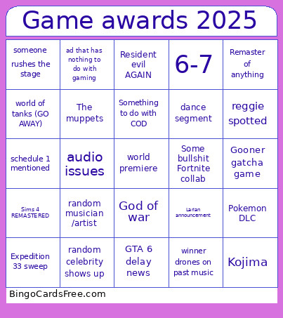 TPS Game Awards 2025 Bingo Card