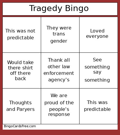Tragedy Bingo Card