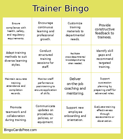 Trainer Bingo Card