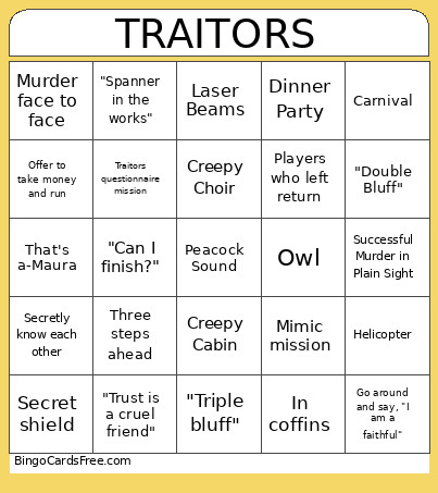 Traitors Bingo Card