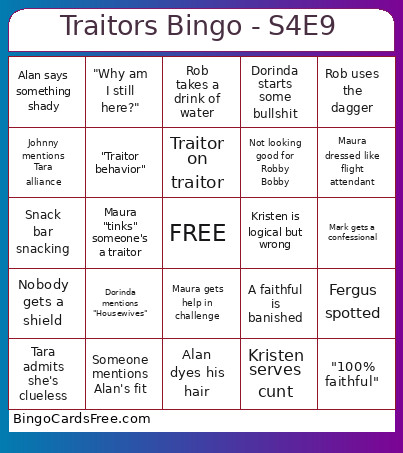 Traitors - S4E9 Bingo Card