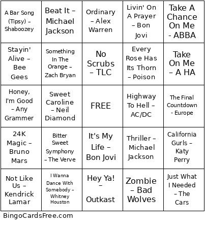 Trane Music Bingo Card