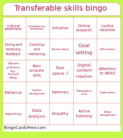 Transferable Skills Bingo Card