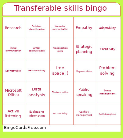 Transferable Skills Bingo Card