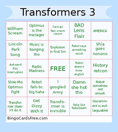 Transformers 3 Bingo