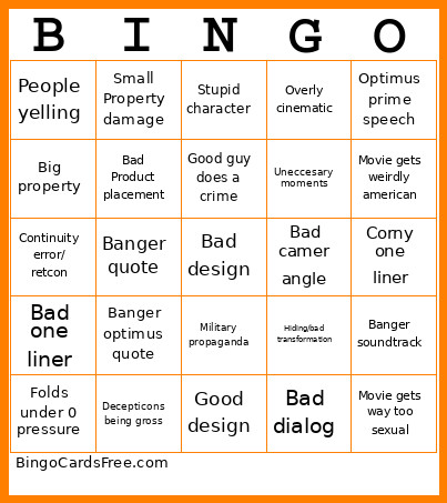 Transformers Movie Bingo Card