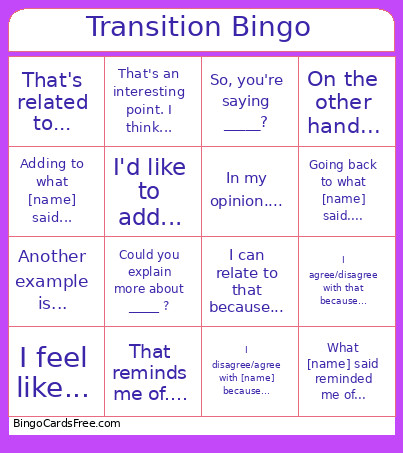 Transitions Bingo Card