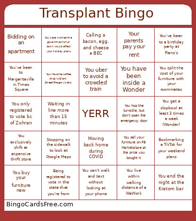 Transplant Bingo Card