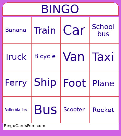 Transport Bingo Card