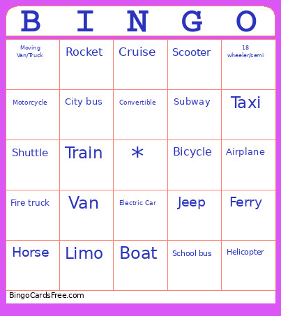 Transportation Bingo Card