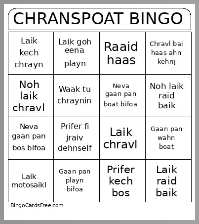 Transportation Bingo Card