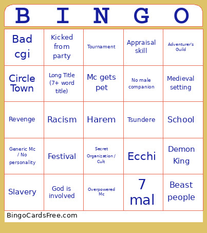 Trash Anime Bingo Card