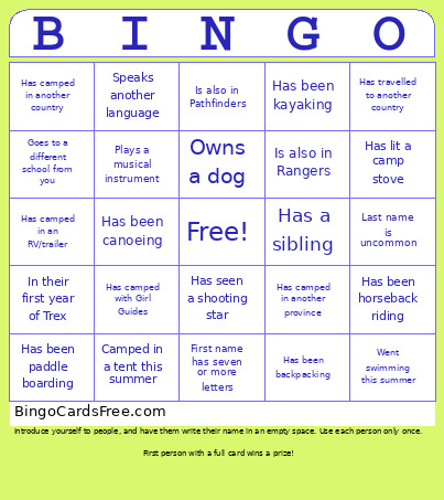 TrexIntro Bingo Card