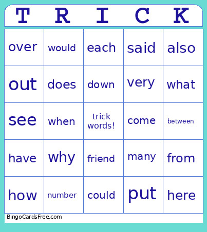 Trick Word Bingo Card