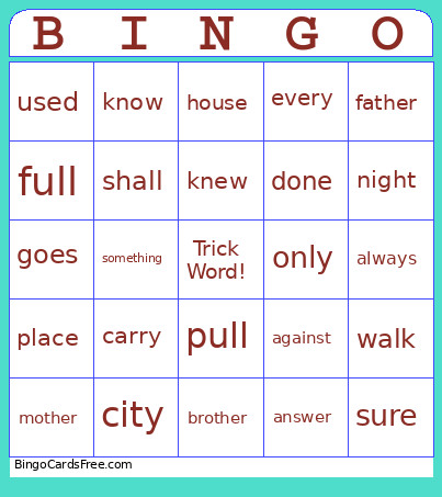 Trick Word Bingo Card