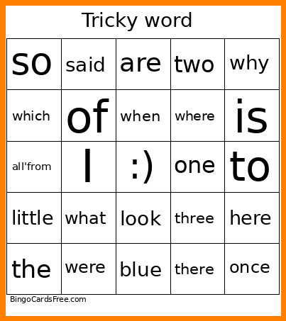 Tricky Word Bingo Card
