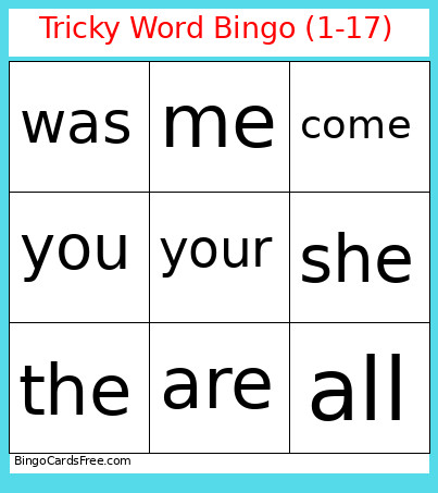 Tricky Word (1-17) Bingo Card