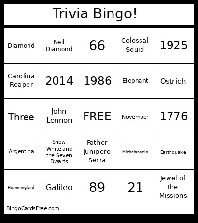 Trivia ! Bingo Card