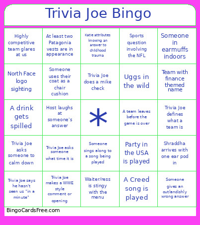 Trivia Joe Bingo Card