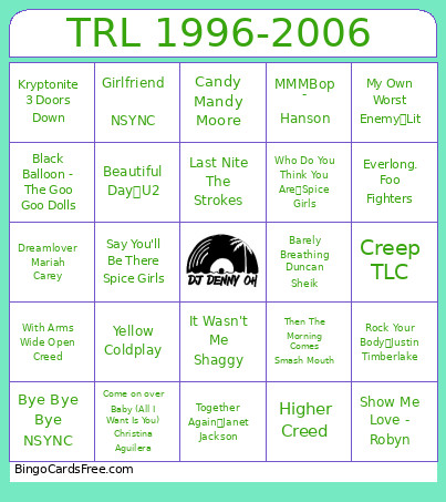 TRL 1996-2006 Bingo Card