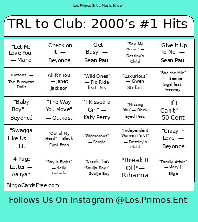 TRL To Club: 2000’s #1 Hits Bingo Card
