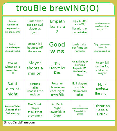 Trouble Brewing Spectator Bingo Card