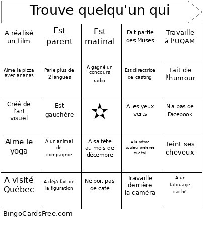 Trouve Quelqu'un Qui Bingo Card
