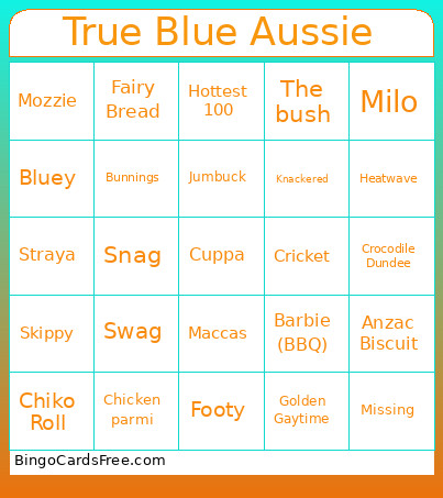 True Blue Aussie Bingo Card