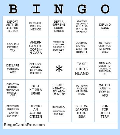TRUMP 2025-20?? Bingo Cards Free Pdf Printable Game, Title: BINGO