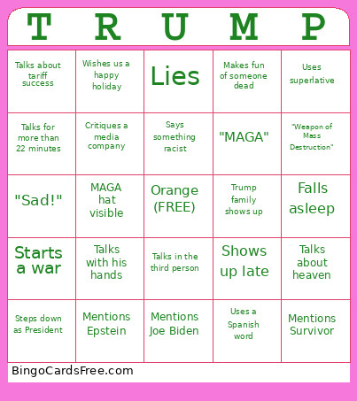 Trump Address Bingo Card