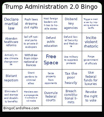 Trump Administration 2.0 Bingo Cards Free Pdf Printable Game, Title: Trump Administration 2.0 Bingo