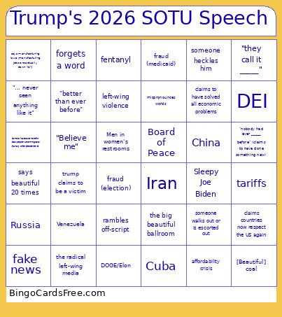 Trump's 2026 SOTU Speech Bingo Card 3